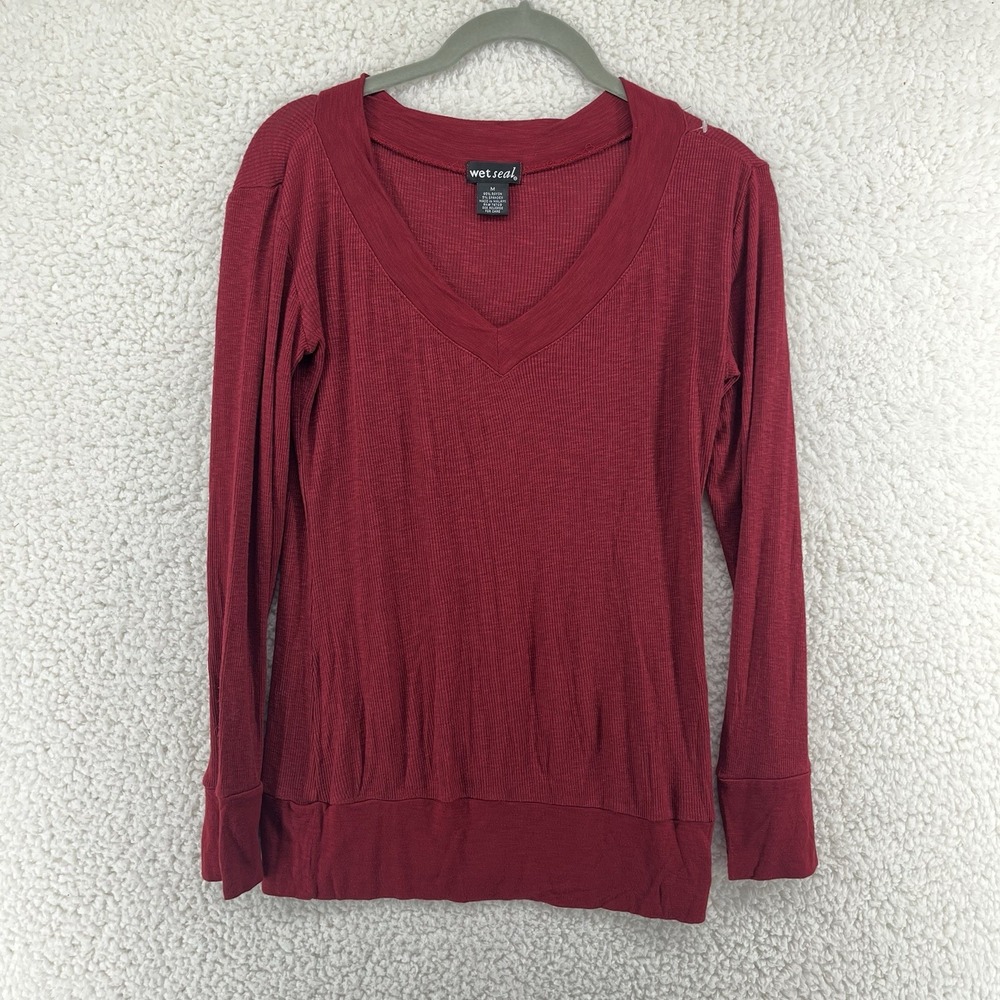Vintage Y2K Wet Seal Long Sleeve V-Neck Ribbed Top Women's Size Medium Stretch